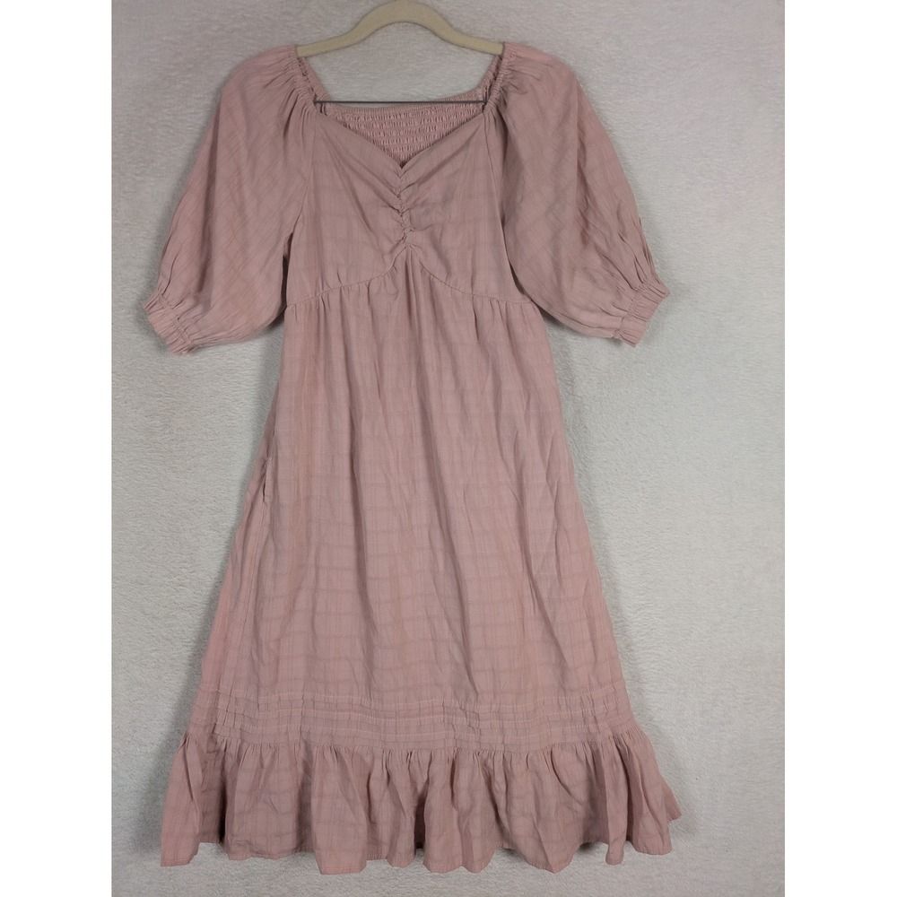 Mikarose Dress Women's XS Pink Plaid Ruched Puff Sleeve Smocked Back Midi Ruffle